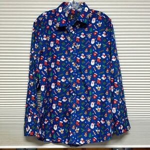 Simon Banks NWT Blue Christmas Print Holiday Long Sleeve Button Down Shirt
